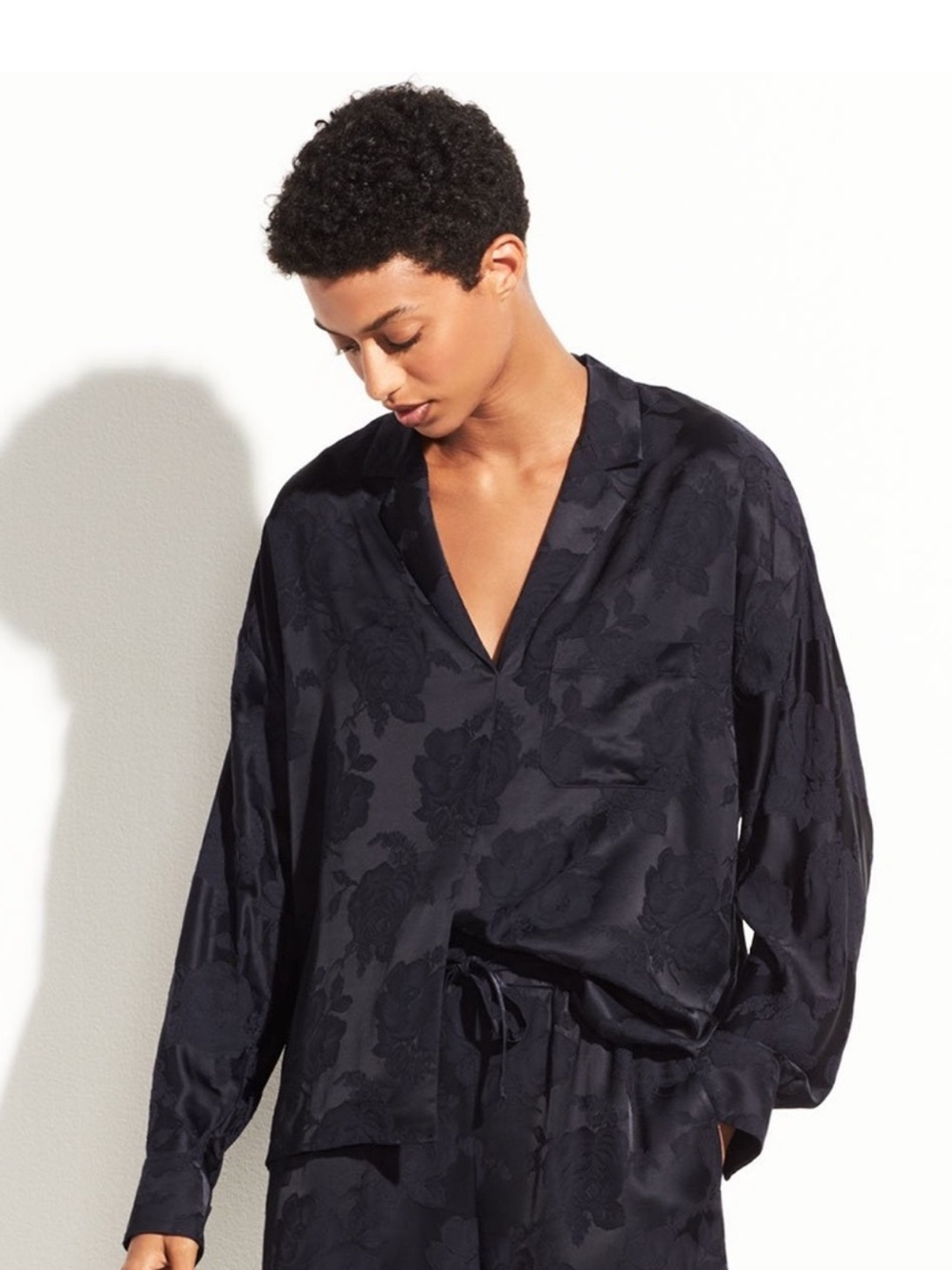 Vince Floral Jacquard Pajama Popover Top Coastal Navy Blue Size Small